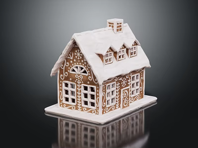Intricate Gingerbread House Architecture With Frosted White Roof Patterned Windows Chimney And Reflection 3d model