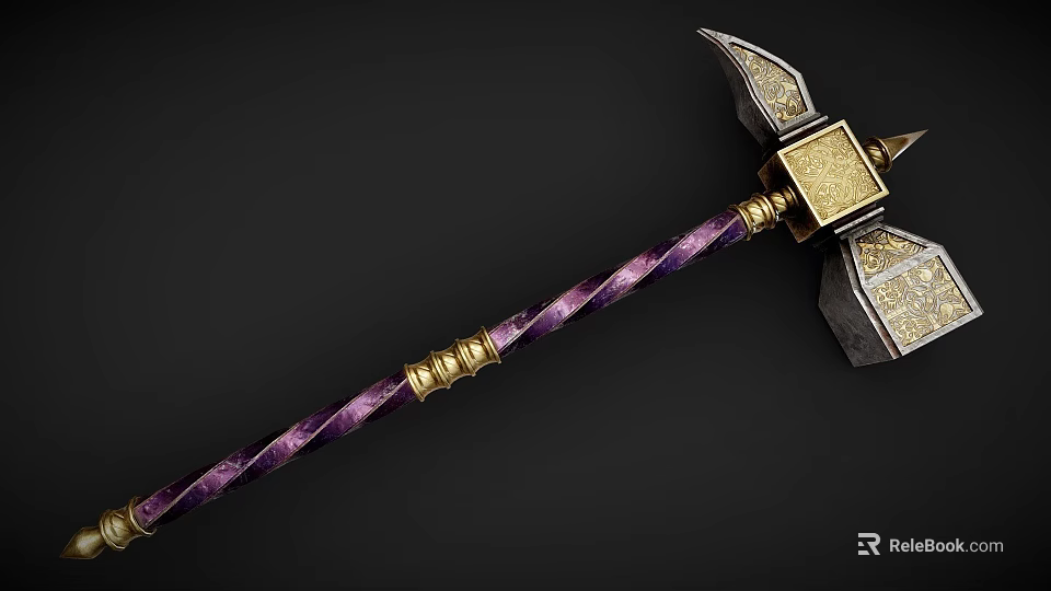 Ornate War Hammer With Purple Twisted Handle Gold Accents And Intricate Gold Silver Head 3d model 