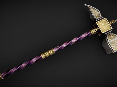 Ornate War Hammer With Purple Twisted Handle Gold Accents And Intricate Gold Silver Head 3d model