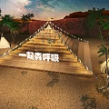 Starry Night Outdoor Scene With Full Moon Palm Trees And Wooden Platform Tents