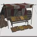Outdoor Market Stall With Red White Striped Awning Wooden Barrels Crates Displaying Fresh Fruits Vegetables