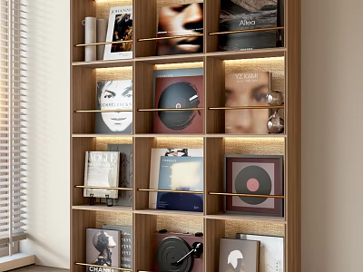 Modern Wooden Bookcase With Multiple Shelves Holding Vinyl Records Books And Photo Frames 3d model