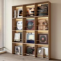 Modern Wooden Bookcase With Multiple Shelves Holding Vinyl Records Books And Photo Frames