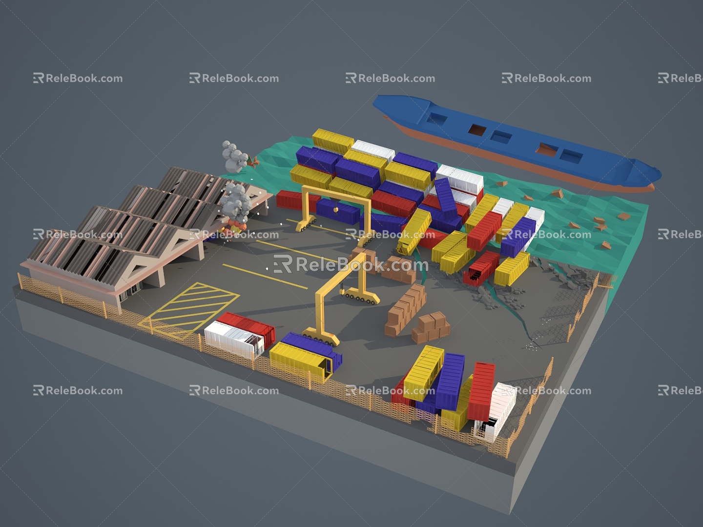 Modern Wharf Cartoon Wharf Container 3d model