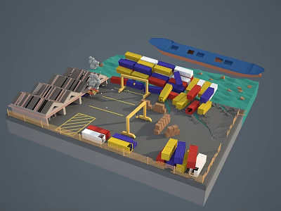 Industrial Port Scenery With Colorful Containers Crane Ship Warehouse And Dock Water Area 3d model