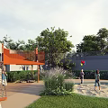 Outdoor Children's Play Area With Green Plants Pathways And Wooden Benches