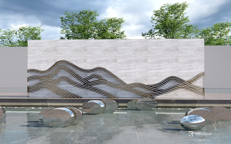 Stone Feature Wall With Wave Pattern Design Water Pool Round Stones Green Trees Blue Sky 3d model