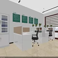 Modern Open Office with White Filing Cabinets Green Notice Boards Desks Chairs Blinds Green Plants