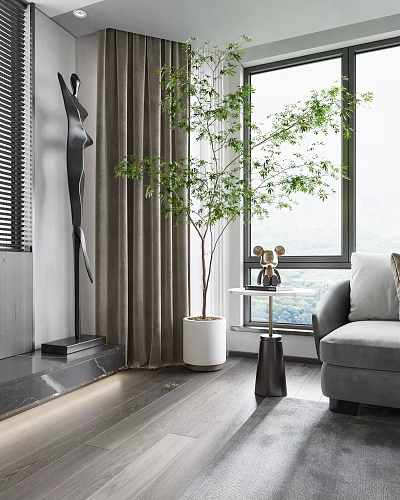 Modern Abstract Sculpture in Contemporary Indoor Space with Green Plant Sofa and Window View 3d model