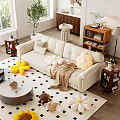 Cozy Living Room Interior With Beige Sofa Flower Shaped Cushions Brown Blanket And Checkered Rug