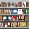 Organized Office Folders On Shelf With Trophies Globe Flags And Certificates