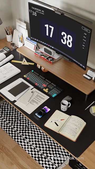 Organized Office Desk Setup With Monitor Keyboard Notebooks Blueprints Smartphone Mug And Stationery 3d model 