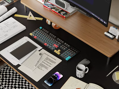 Organized Office Desk Setup With Monitor Keyboard Notebooks Blueprints Smartphone Mug And Stationery 3d model
