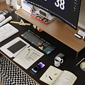 Organized Office Desk Setup With Monitor Keyboard Notebooks Blueprints Smartphone Mug And Stationery