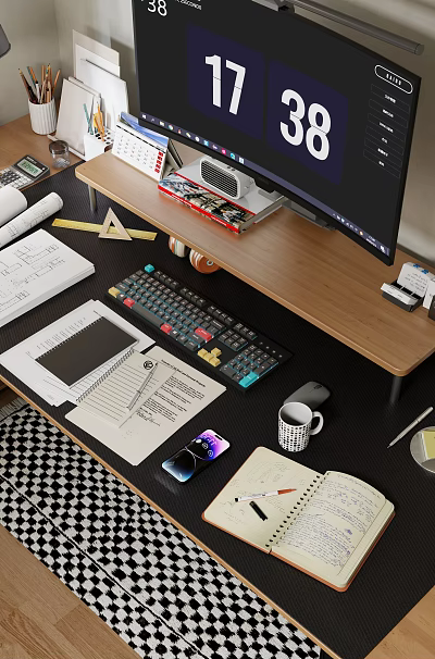 Organized Office Desk Setup With Monitor Keyboard Notebooks Blueprints Smartphone Mug And Stationery 3d model