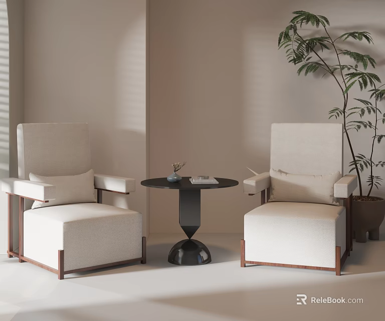 Two Beige Single Chairs with Wooden Armrests Small Round Table and Green Plant 3d model 