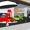 Car Dealership Showroom Interior With Reception Desk Displayed Cars Staircase And Waiting Area