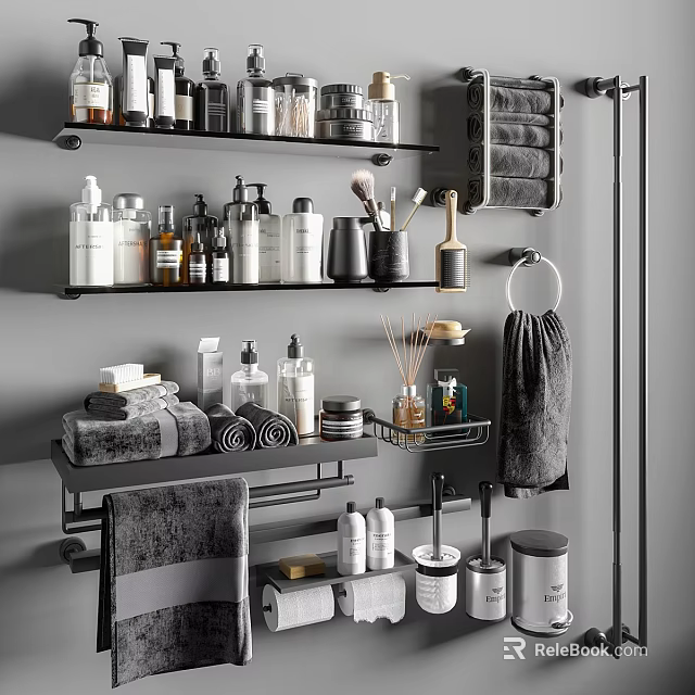 Organized Bathroom Shelves With Toiletries Towels And Daily Cleaning Essentials 3d model 
