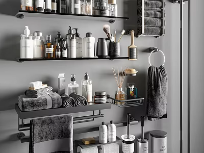 Organized Bathroom Shelves With Toiletries Towels And Daily Cleaning Essentials 3d model