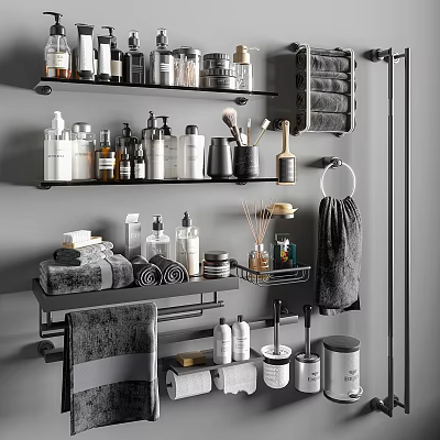 Organized Bathroom Shelves With Toiletries Towels And Daily Cleaning Essentials 3d model