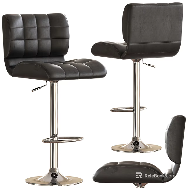Modern Black Tufted Leather Bar Stools With Adjustable Height And Stainless Steel Base 3d model 