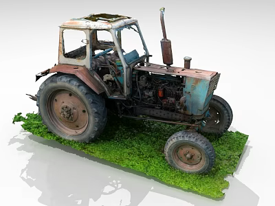 Old Rusty Tractor With Damaged Body And Large Wheels On Green Grass 3d model