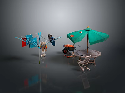 Outdoor Backyard Setup With Clothesline Umbrella Table And Garden Tools 3d model