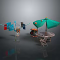Outdoor Backyard Setup With Clothesline Umbrella Table And Garden Tools
