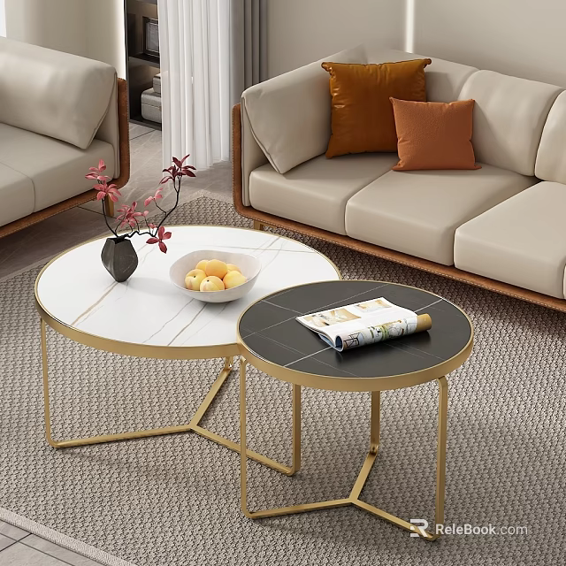Beige Sofa and Round Coffee Table Set with Orange Cushions Golden Legs and Marble Tops 3d model 