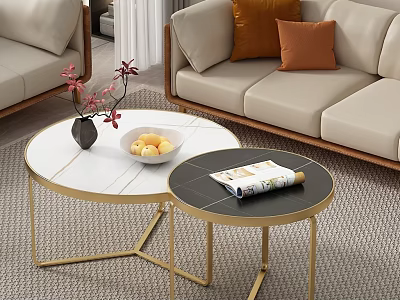 Beige Sofa and Round Coffee Table Set with Orange Cushions Golden Legs and Marble Tops 3d model