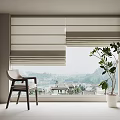 Stylish Window Blinds In Modern Room With Wooden Chair Potted Plant And Mountain View