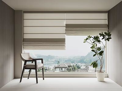 Stylish Window Blinds In Modern Room With Wooden Chair Potted Plant And Mountain View 3d model