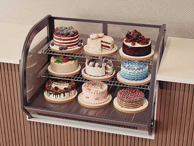 Assorted Cakes In Multi Tiered Glass Display Case With Colorful Decorations 3d model