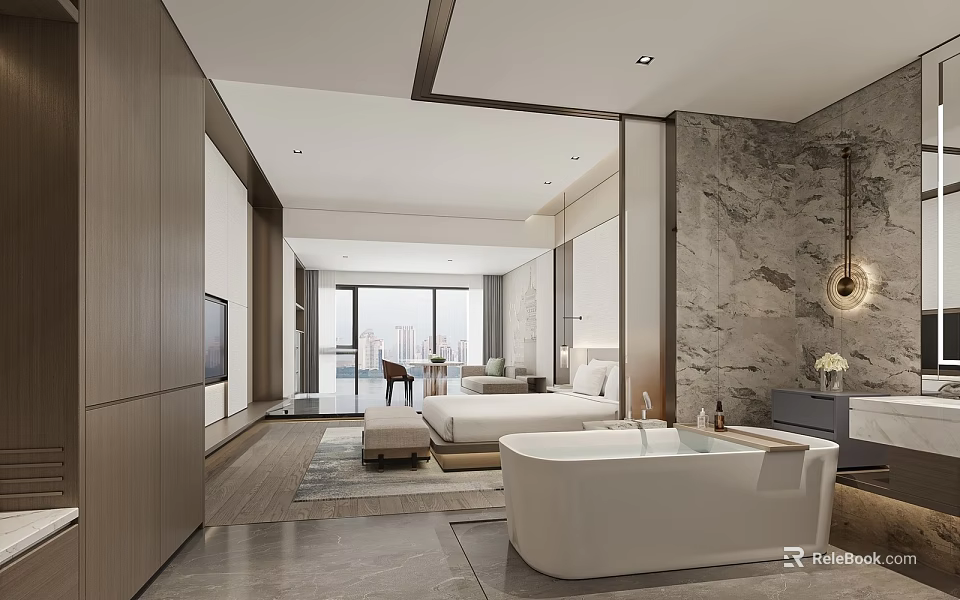 Luxurious Modern Hotel Room Interior With Marble Wall Bathtub And Floor To Ceiling Windows 3d model 
