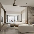 Luxurious Modern Hotel Room Interior With Marble Wall Bathtub And Floor To Ceiling Windows