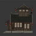 Traditional Chinese Ancient Architecture With Classic Overhanging Eaves Wooden Structure And Red Lanterns
