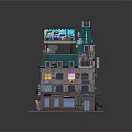 Cartoon Style Multi Story Building with Shop Front Billboard and Illuminated Windows