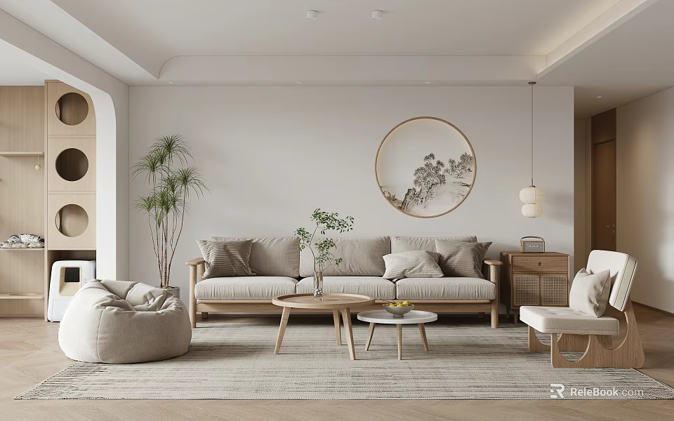 Serene Living Room Interior With Beige Sofa Circular Decorative Painting Floor Plant And Wooden Tables 3d model 