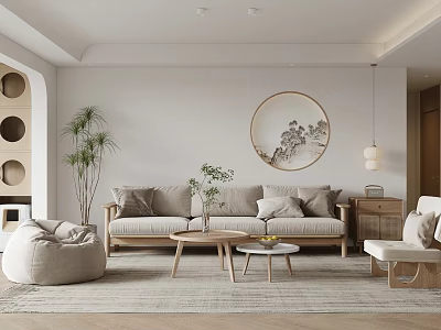 Serene Living Room Interior With Beige Sofa Circular Decorative Painting Floor Plant And Wooden Tables 3d model