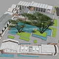 Modern Commercial Street Architecture With White Roofs Lush Trees And Green Spaces