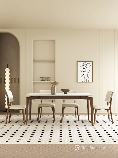 Modern Dining Table Set With Chairs Beige Walls Arched Doorway Line Art And Checkered Floor 3d model 