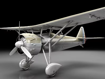 Vintage Biplane Fighter Aircraft With Propeller Landing Gear And Light Colored Body On Black Background 3d model
