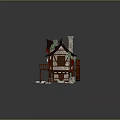 Cartoon Chinese Style House With Brown Roof Stone Walls Balcony Decorated Green Plants Small Stones