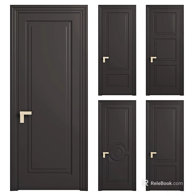 Black Hinged Doors With Golden Handles And Various Panel Designs For Home Interiors 3d model 
