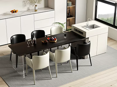 Modern Open Kitchen Interior With Stylish Bar Counter And Comfortable Dining Chairs 3d model