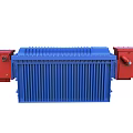 Industrial Transformer With Blue Main Body Red Side Components And Radiator Fins Structure