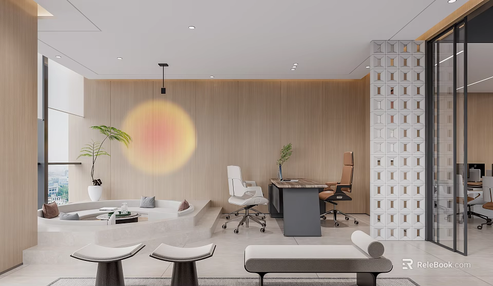 Modern Public Office Area Interior With Sofa Work Desks Office Chairs Plants And Circular Wall Decor 3d model 