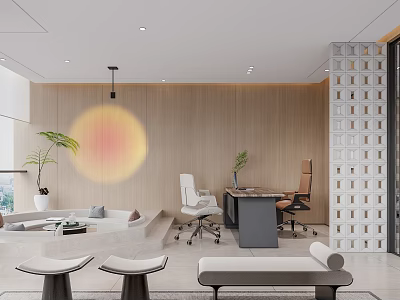 Modern Public Office Area Interior With Sofa Work Desks Office Chairs Plants And Circular Wall Decor 3d model