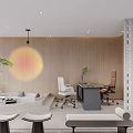 Modern Public Office Area Interior With Sofa Work Desks Office Chairs Plants And Circular Wall Decor