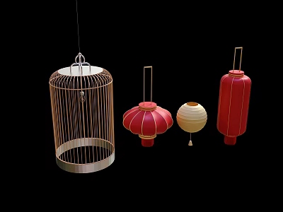 Different Chinese Lanterns Including Bamboo Birdcage Shaped Red Pleated Beige Round and Red Cylindrical Styles 3d model